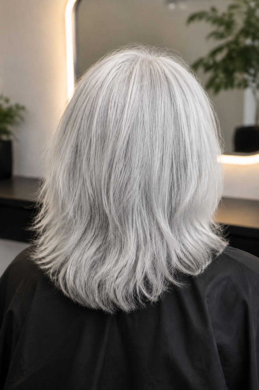 Clean silver-gray hair with a bright neutral finish
