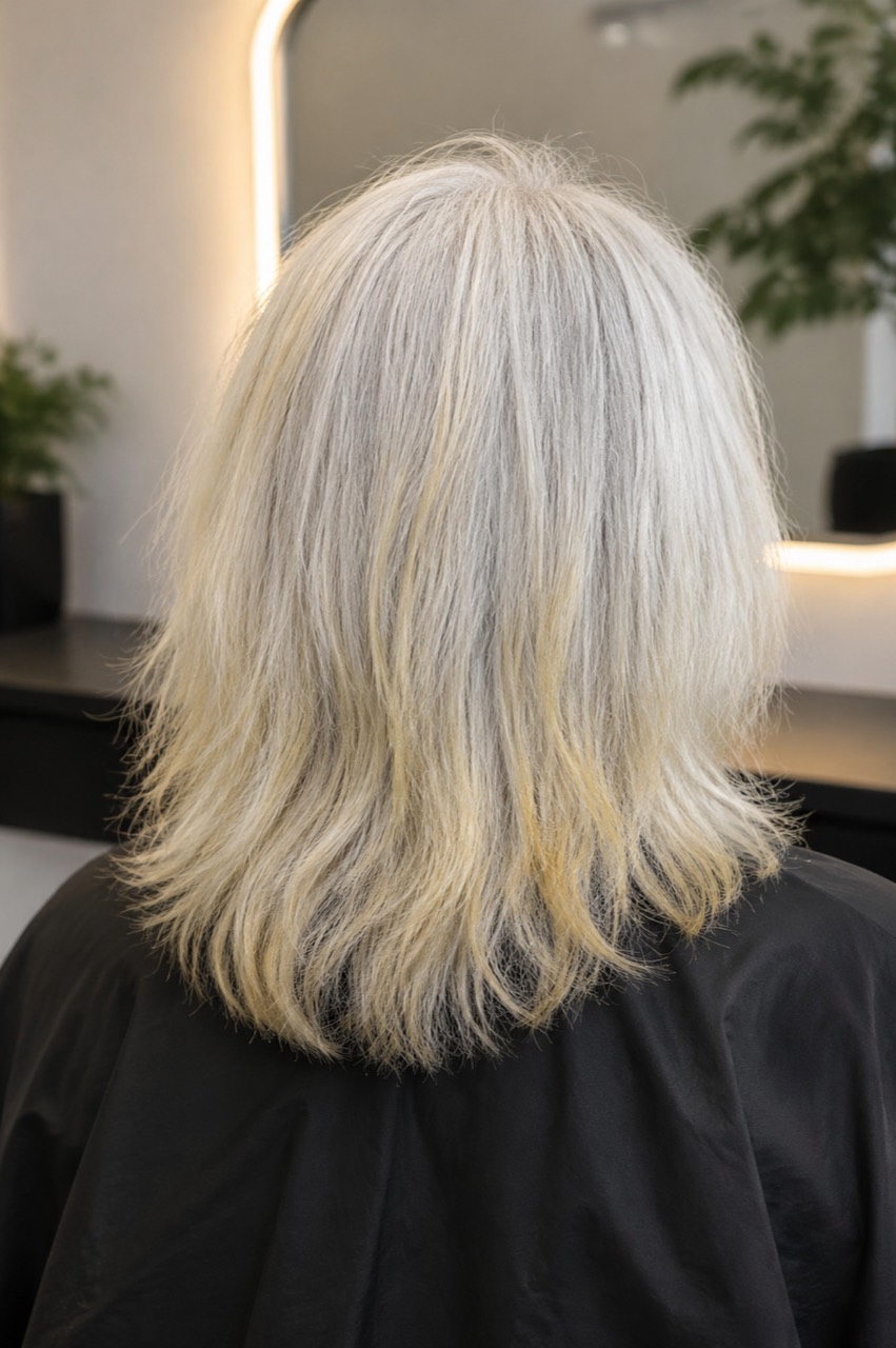 Gray hair showing a visible pale-yellow cast