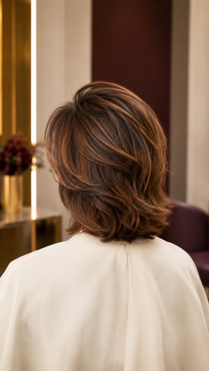 Layered brunette hair with soft crown volume