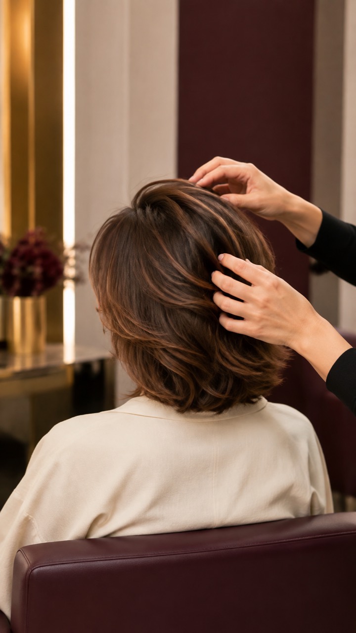 A stylist gently releasing and shaping lifted hair at the crown