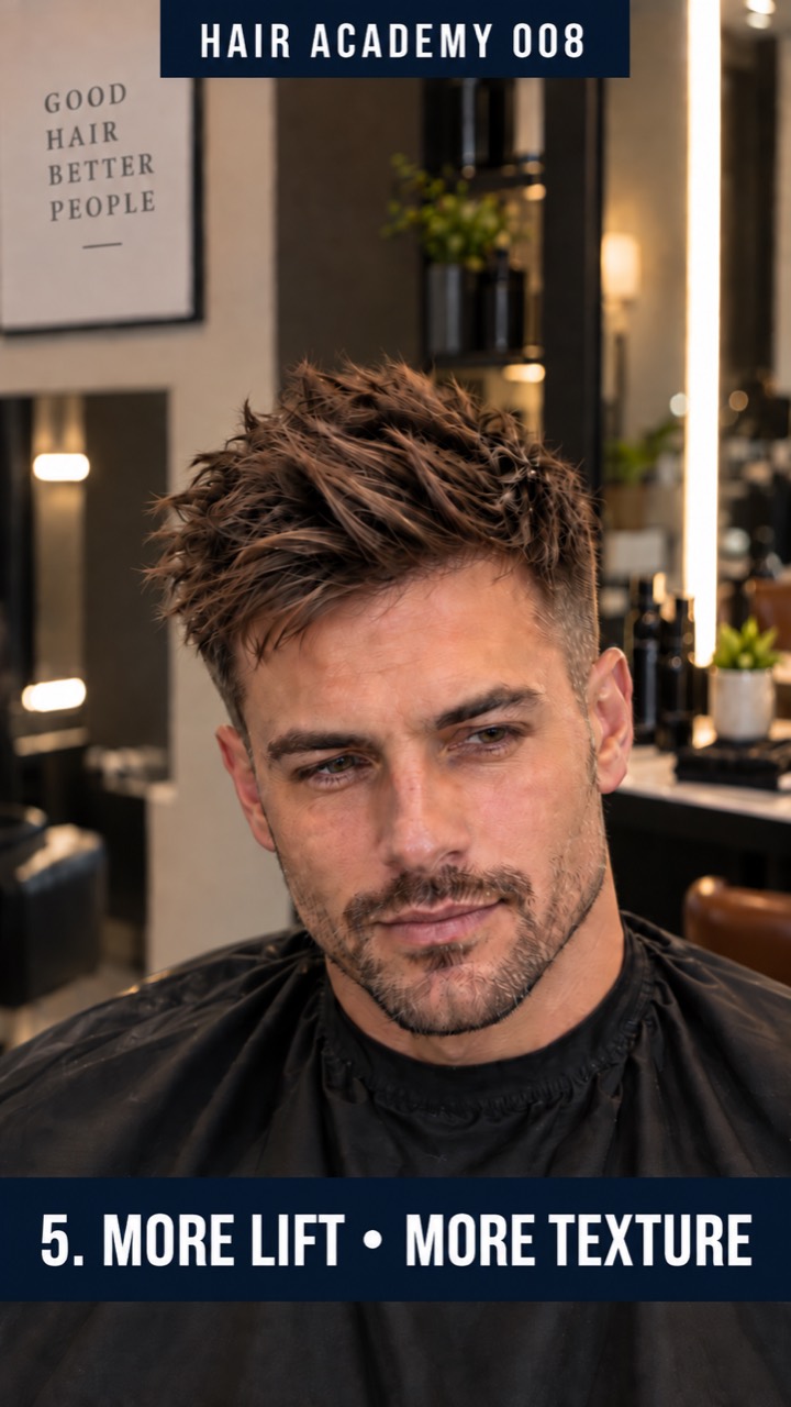 Finished short hairstyle with visible lift, separation, and texture