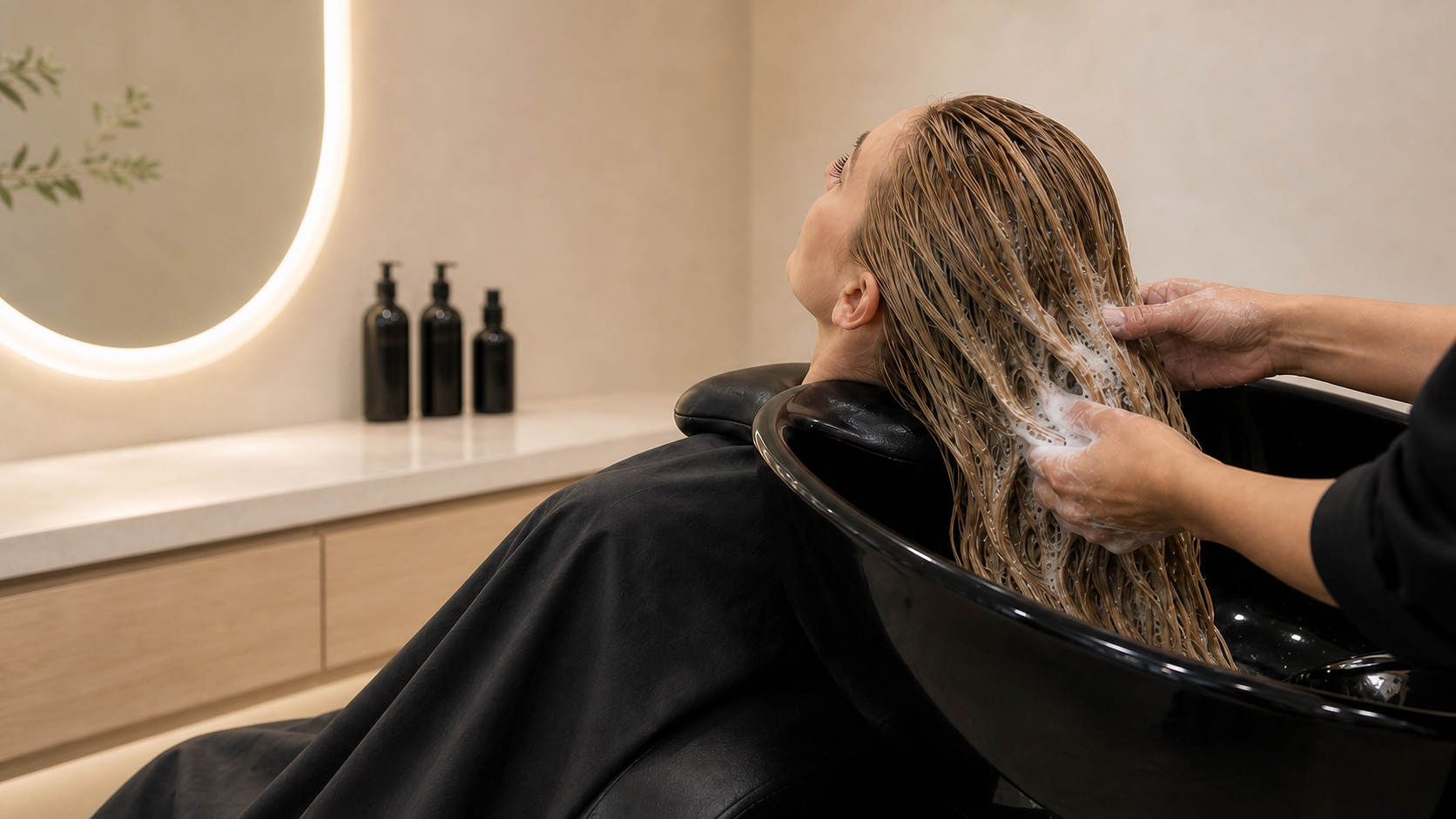 Close editorial view of a professional shampoo ritual