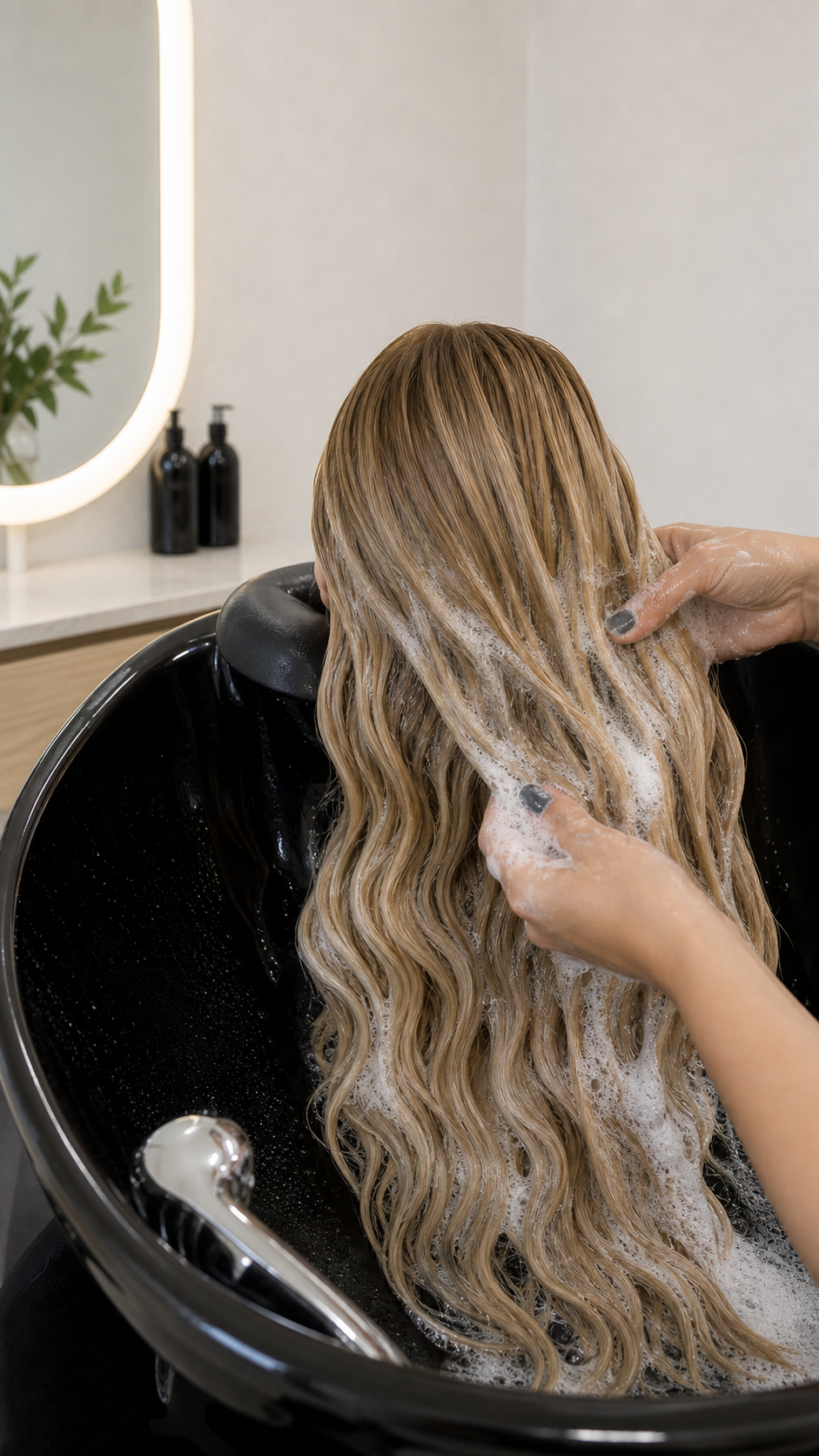 Blonde hair being gently cleansed in the signature salon suite