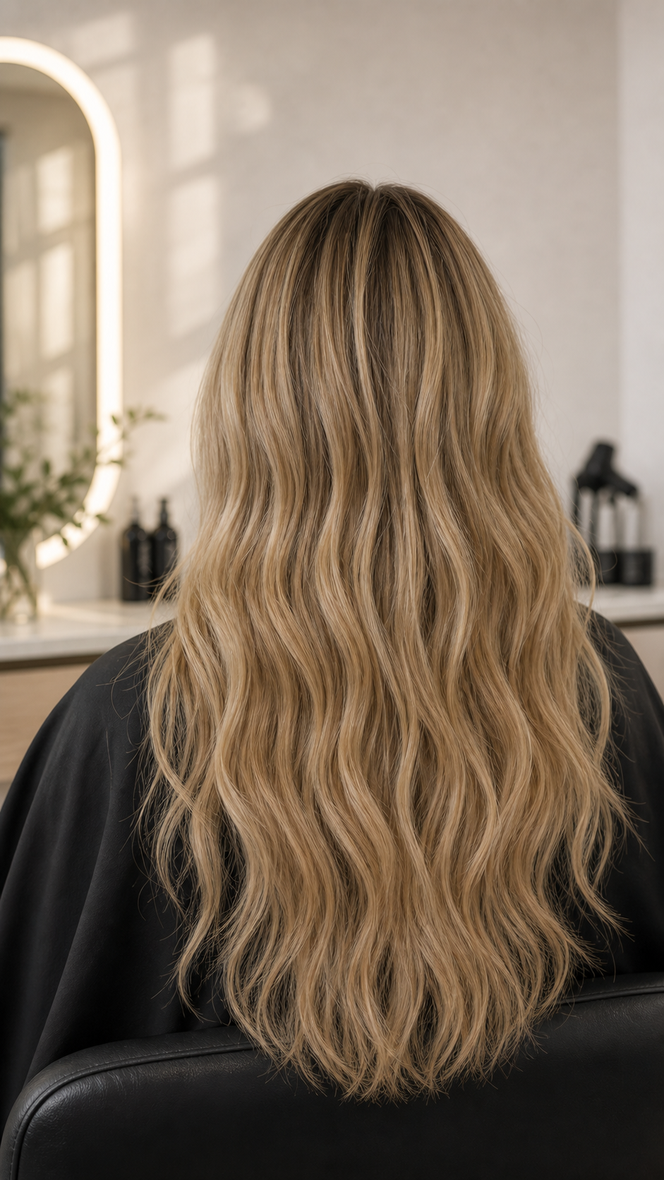 Dimensional blonde hair in warm natural salon light